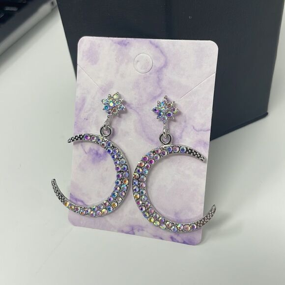 Moon Iridescent Rhinestone Crystal Post Drop Earrings - Picture 8 of 9